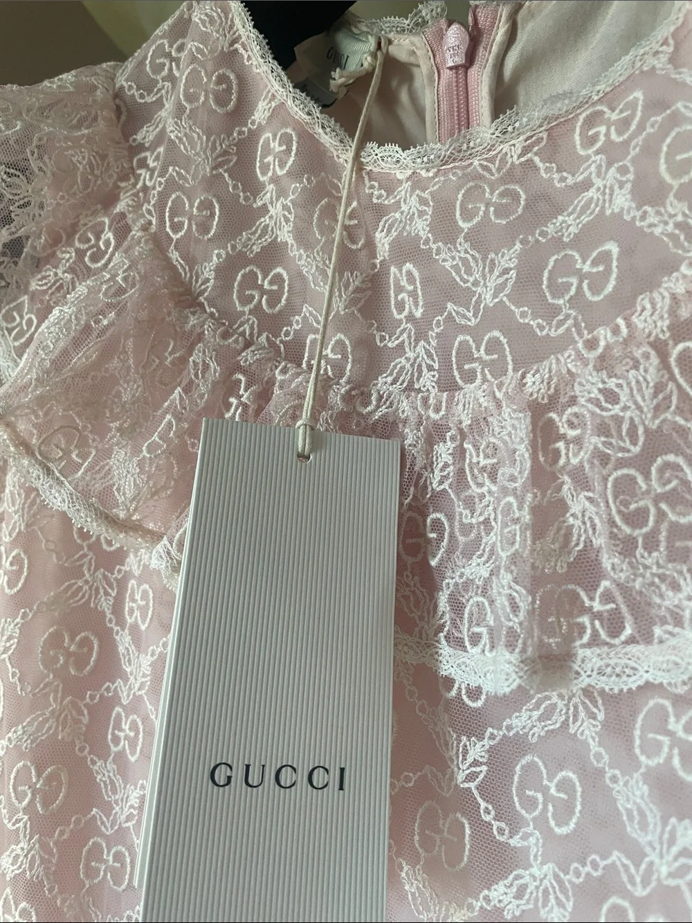Brand new Gucci Girls' Pink Lace Tiered Dress with Ruffled Collar